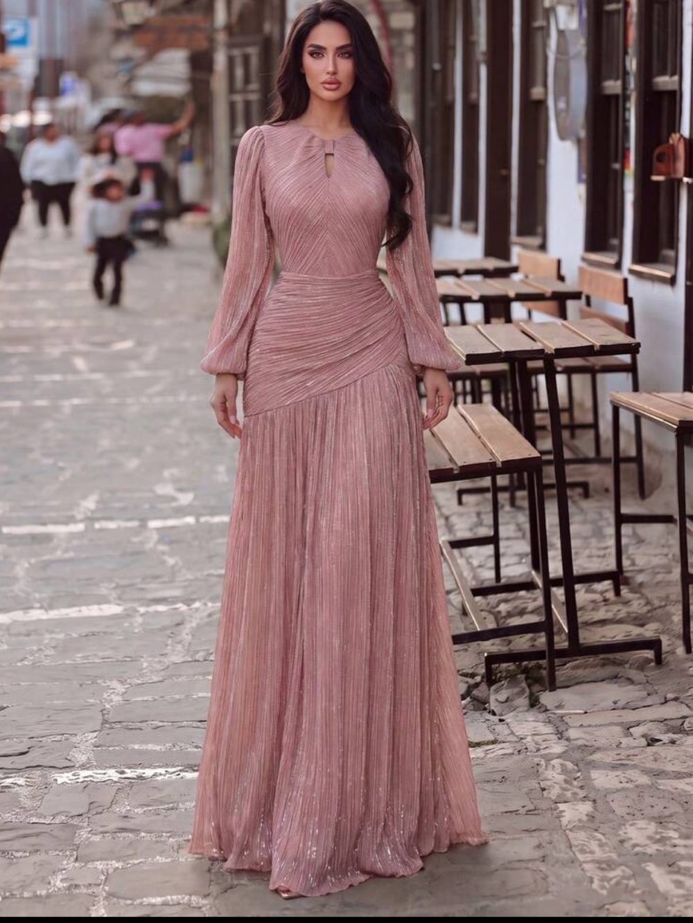 FAERIESTY Rose Gold Shimmer Ruched Maxi Dress XL NWT